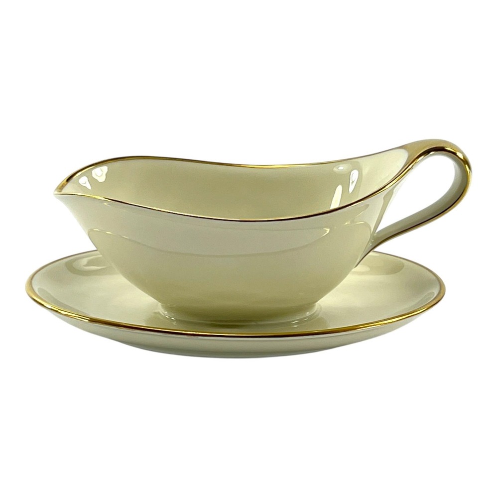 Gravy Boat Attached Underplate MCM Porcelain Cream w/ Gold Trim Bavaria Vintage